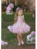 Pink Embroidered Lace Ombre Tulle Pompoms Flower Girl Dress
